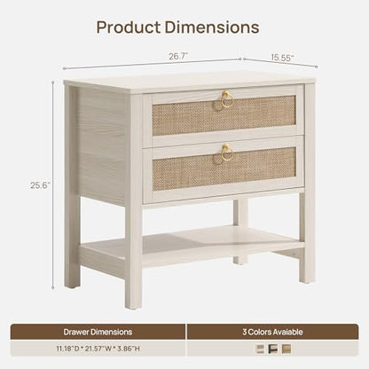 SICOTAS White Rattan Nightstand, Wide Bedside Table with 2 Drawers & Shelf | Large Night Stand with Storage Shelf, Coastal Boho Bedside Table for King Bed, Bedroom, Guest Room, Apartment, and End Table - color: White Cream Oak