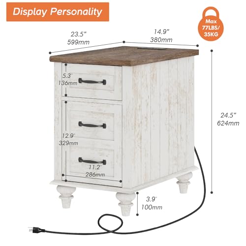 WAMPAT Antique White End Table with Charging Station, Wooden Side Table with Drawer & Storage Cabinet, Farmhouse Nightstand with Power Outlets & USB Ports for Living Room, Bedroom - color: Antique White