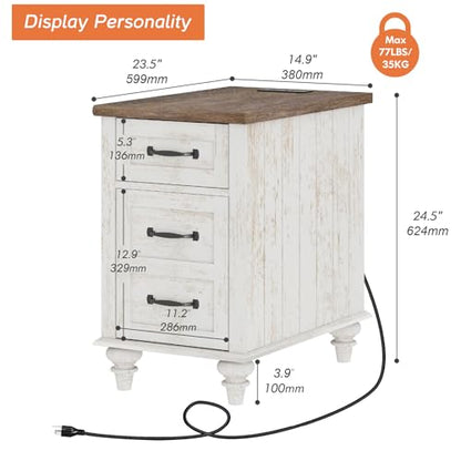 WAMPAT Antique White End Table with Charging Station, Wooden Side Table with Drawer & Storage Cabinet, Farmhouse Nightstand with Power Outlets & USB Ports for Living Room, Bedroom - color: Antique White