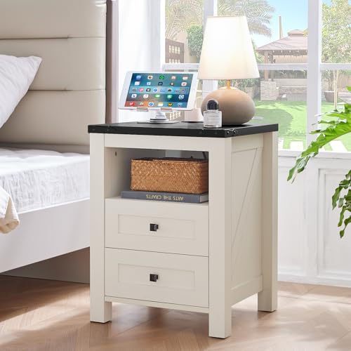 Joaxswe Night Stands with Charging Station Set of 2, Farmhouse Nightstand, White Wooden Bedside End Tables with 2 Drawers and Open Shelf, Bed Side Table for Bedroom, Living Room, Closet, Office - color: White, size: 2 pack