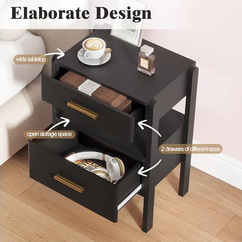 Nightstand with 2 Drawers and Open Shelf Wooden Bedside Table Gold Handles Modern Storage Night Stand Sensor Light for Bedroom, Black - color: Black