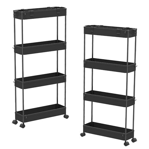 SPACELEAD 2-piece Set Slim Storage Cart 3 Tier,Bathroom Organizer Rolling Utility,Mobile Shelving Unit Slide Out for Office, Kitchen, Laundry Room & Narrow Places - color: Black
