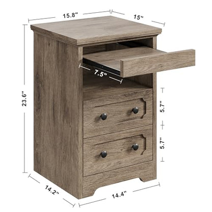 LIKIMIO Night Stand, Modern Bedside Table with 2 Drawers, Open Shelf, End Table with Pull-Out Tray, Wood SideTable, Grey Oak