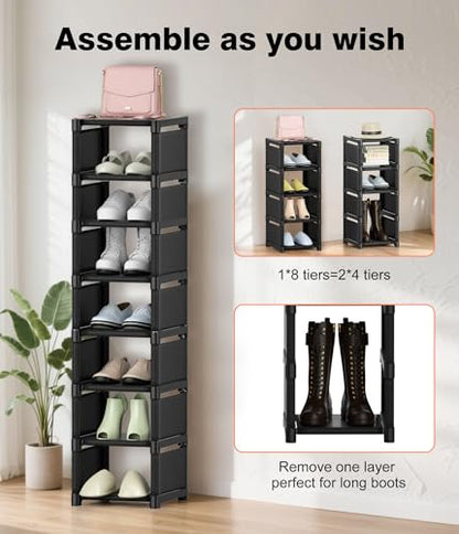 Narrow Shoe Rack 8 Tier, Slim Vertical Shoe Organizer for Small Spaces, Stackable Shoe Storage Shelf with Metal Frame & Fabric Shelves, Shoe Rack for Closet Entryway Bedroom