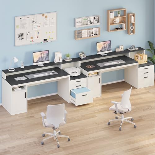 YOMILUVE 65 Inch Computer Desk with 3 Drawers & Storage Shelves, Executive Desk with File Drawer & Cabinet, Home Office Desk with Long Monitor Stand & Printer Shelf, Black & White - color: Black & White