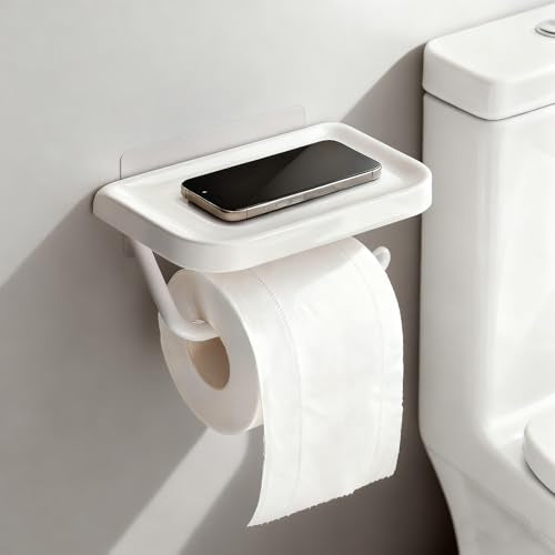 Self Adhesive Toilet Paper Holder with Shelf, No Drill Wall Mounted Bathroom Tissue Holder, Sticky TP Roll Holder with Phone Shelf for RV, White
