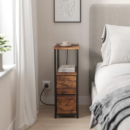 TUTOTAK Small Narrow End Table with Charging Station, Set of 2, Side Table with Outlets, Nightstand with 2 Cloth Drawers, Couch Table, for Living Room, Bedroom, Bedside, Brown TB01BB055 - color: Brown, style: 2 Drawers & Plug