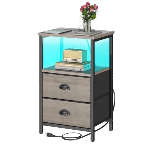 sthmec Nightstand with Charging Station, LED Night Stand with 2 Fabric Drawers, Grey Bedside Tables End Table with Drawers, 2-Tier Storage Side Table Nightstand with Drawers for Bedroom, Grey - color: Grey
