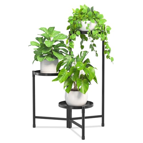 iDavosic.ly 3 Tier Large Plant Stand Indoor with 10 Inch Wide Tray, Tiered Corner Metal Outdoor Flower Display Holder Shelf, Folding Tall Rack for Patio Porch Living Room, Modern Black - color: Black, size: 3 Tiers