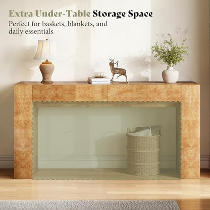 AMERLIFE 63" Burl Wood Console Table, Modern High Gloss Entryway Table with 2 Storage Drawers, Long Sofa Table Behind the Couch for Entrance, Hallway, Foyer, Living Room, Natural - color: Natural