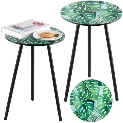 Metal Outdoor Side Tables Set of Two Small Outside Round End Table for Patio Modern Accent Garden Corner Table for Small Spaces, Balcony, Porch, Weather-Resistant, Plant Stand Indoor, Green Leaves - color: Green Palm Leaves, style: 2 packs/ 13.4 in