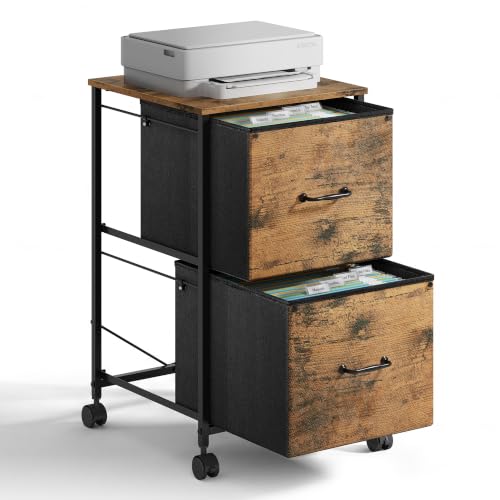 DEVAISE 2 Drawer Mobile File Cabinet, Rolling Printer Stand | Fabric Vertical Filing Cabinet fits A4 or Letter Size for Home Office, Rustic Brown Wood Grain Print - color: Rustic Brown Wood Grain Print