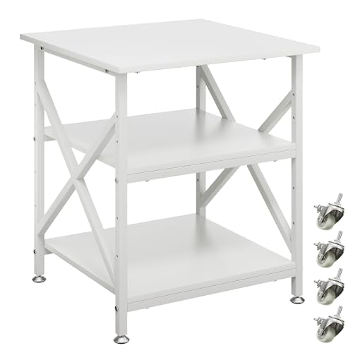 3 Tier Printer Stand, Large Table with Wheels, Rolling Cart with Height Adjustable Middle Storage Shelf, 23.6 x 23.6 x 30.3 Inches Shelf for Home Office, White - color: White
