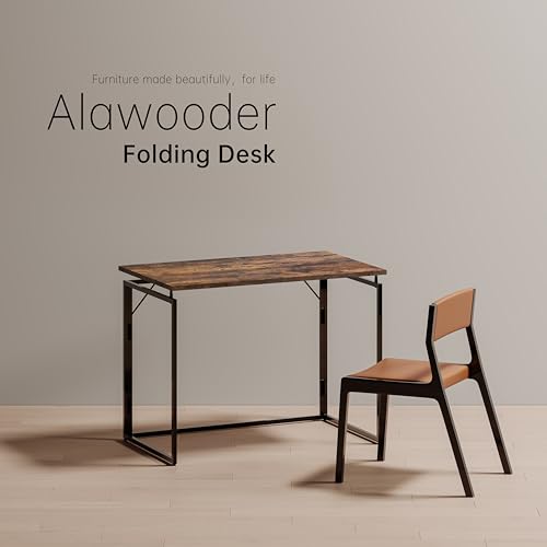 31.5" Folding Desk: No Assembly, Wood Top for Small Spaces | Home office desk, holds 150 lbs, folds flat to 2.3 in, splash-proof wood top, sturdy metal frame - color: Rustic Brown, size: 31.5"W x 15.7"D