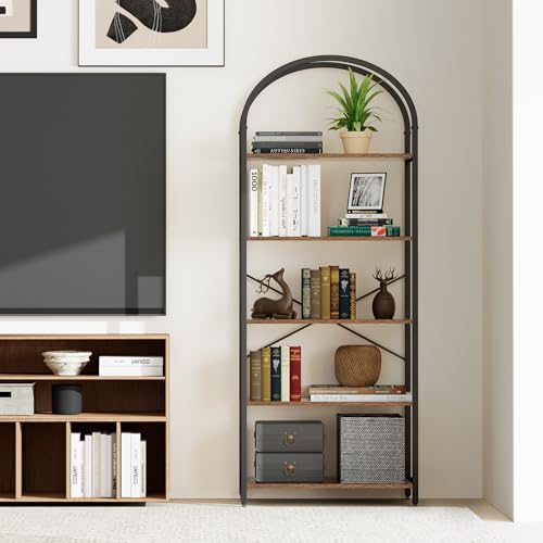 Homhedy 5-Tier Arched Bookshelf, Display Racks, Tall Book Shelf, 62.2" H | Wood and Metal Bookcase, Industrial Display Standing Shelf Unit, for Home, Office, Living Room, Bedroom, Rustic Brown - size: 5 Tier -23.6"W