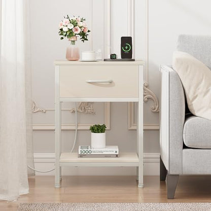 Vagusicc Nightstand with Charging Station, End Table with Fabric Drawer, Small Side Table with 2-Tier Storage Shelves, 25.4" Tall Night Stand, Bedside Table for Bedroom, Living Room, Dorm, Beige - color: Beige (1 Pack)