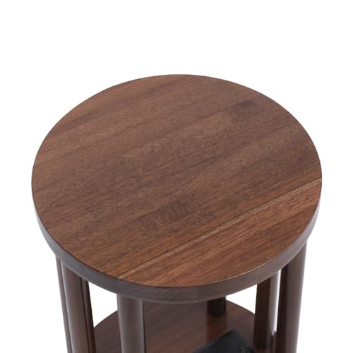 9 x25 Fully Assembled Walnut Wood Round Drink Table with Charging Station, Mid-Century Modern Circle Wood Accent Pedestal Table for Living Room or Small Bedroom Nightstand