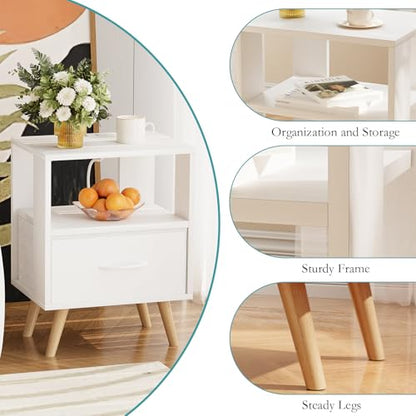 Huhote Kids Nightstand, 2-Tier Night Stand with Charging Station and Drawer, Modern Side Table for Bedroom, Study Room, Small Spaces, White - color: White, size: 2-Tier with Charging