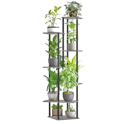 Tall Plant Stand Indoor, 7-Tier Modern Plant Shelf for Multiple Plants, Wood Metal Flower Holder for Living Room Balcony Bedroom, Oak Grey