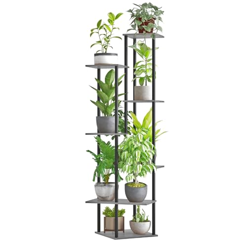 Tall Plant Stand Indoor, 7-Tier Modern Plant Shelf for Multiple Plants, Wood Metal Flower Holder for Living Room Balcony Bedroom, Oak Grey