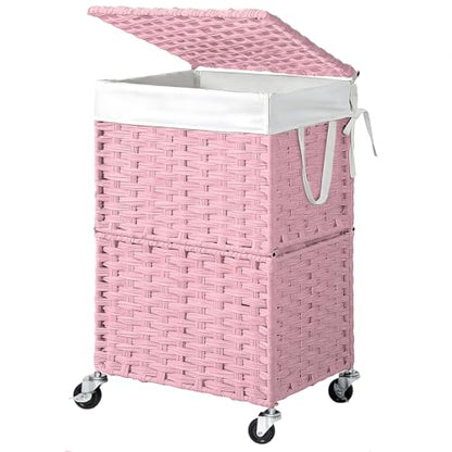 Chrislley 90L Slim Laundry Hamper with Wheels, Rolling Laundry Basket with Lid and Renovable Liner Bag, Handwoven Rattan Organizer for bedroom, bathroom, laundry room (Pink) - color: Pink