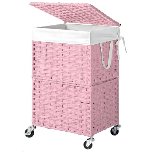 Chrislley 90L Slim Laundry Hamper with Wheels, Rolling Laundry Basket with Lid and Renovable Liner Bag, Handwoven Rattan Organizer for bedroom, bathroom, laundry room (Pink) - color: Pink