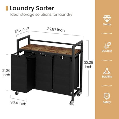 SwaaVee Laundry Sorter, Laundry Hamper 3 Section, 3×11.4Gal, Metal Frame Rolling Laundry Basket with Wooden Top Shelf, Pull out and Removable Laundry Bags, 3 Bags-Black - color: Black