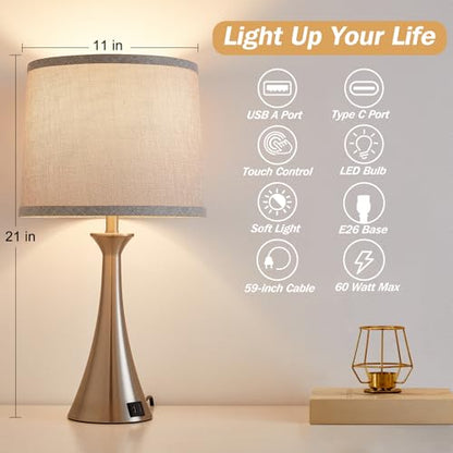 Touch Lamp for Living Room Bedroom, 21" Table Lamps Set of 2 with USB C+A Ports and Grey Lamp Shades, Touch Bedside Lamps for Nightstand with 3 Way Dimmable, 2 LED Bulbs Included, Silver - color: Silver 2pcs