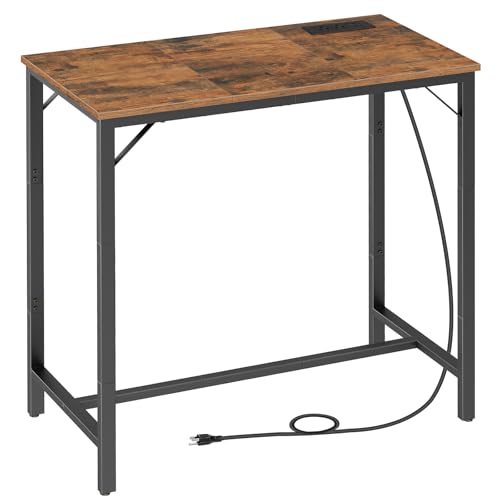 HOOBRO Bar Table with Charging Station, Rectangular Pub Table, High Top Coffee Table, Counter Bar Height Table, Narrow Long Dining Table, 35.4" L x 15.7" W x 35.6" H, Rustic Brown and Black BF90UBT01 - color: Rustic Brown + Black