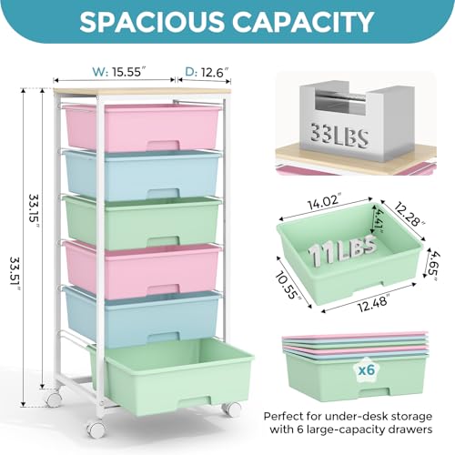 Rolling Storage Cart with 6 Drawers and Wooden Tabletop, Lockable Wheels Utility Cart for Art Studios, Office Supplies & Craft Room Organization (Rainbow) - color: Rainbow
