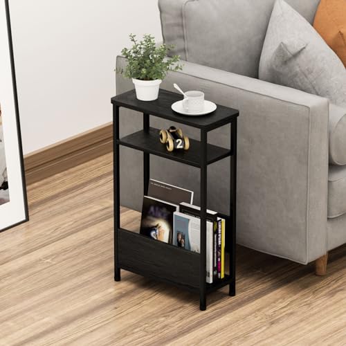 THUMEYE 7.1" Narrow Side Table for Small Spaces, 3 Tier Small End Table with Magazine Holder, Slim/Skinny Nightstand/Bedside Table for Living Room, Bedroom, 15.4" L x 24.2" H, Black - color: Black
