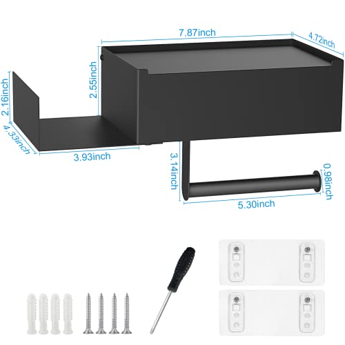 Toilet Paper Holder with Shelf, FUNLEU Self Adhesive Toilet Paper Holder with Storage, Wipe Holder for Bathroom Flushable Wipes Dispenser - Stainless Steel Toilet Holder Wall Mount, Matte Black - color: Black