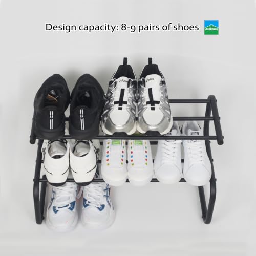 Black Metal Shoe Rack, 2 Tier 5-Shaped Shoe Storage Organizer, 24” Wide Compact Shoe Shelf for Entryway, Closet Floor, Hallway, Small Spaces, Free Standing Front Door Entrance Shoe Shelves