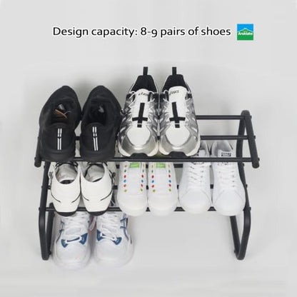 Black Metal Shoe Rack, 2 Tier 5-Shaped Shoe Storage Organizer, 24” Wide Compact Shoe Shelf for Entryway, Closet Floor, Hallway, Small Spaces, Free Standing Front Door Entrance Shoe Shelves