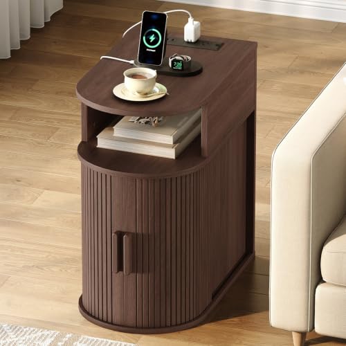RALGEND Narrow End Table with Charging Station, Fluted Sofa Side Table with Sliding Curved Door and Storage Shelf, Mid-Century Bedside Table, Modern Nightstand for Living Room, Bedroom, Walnut - color: Walnut