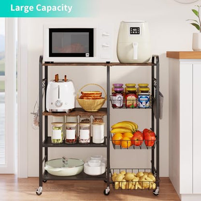 HapiRm Rolling Kitchen Microwave Cart - 4 Tier Microwave Table Stand with Pull-Out Baskets, Coffee Bar Baker's Rack with Wheels Rolling Storage Cart Organizer Shelf for Living Room Office, Balcony - color: Brown