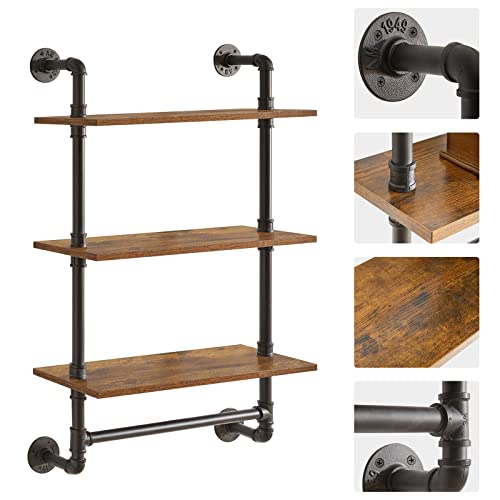 IBUYKE 3-Tiers Industrial Pipe Shelves with Towel Bar RF-TM015 | Rustic Wall Mount Bookcase,Metal Bracket Storage Wall Shelf for Bedroom, Kitchen - size: 3 Tier with Tower Bar