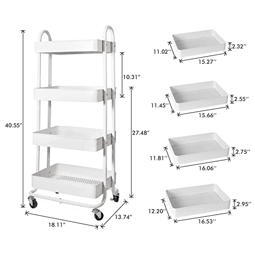 elabo 4-Tier Metal Mesh Utility Rolling Cart, Storage Organizer Trolley Services Cart with Lockable Wheels for Kitchen, Bathroom, Living Room (White) - color: White