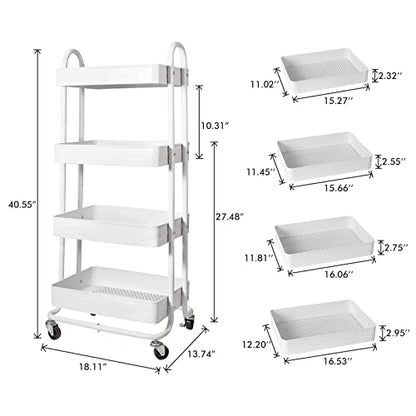 elabo 4-Tier Metal Mesh Utility Rolling Cart, Storage Organizer Trolley Services Cart with Lockable Wheels for Kitchen, Bathroom, Living Room (White) - color: White