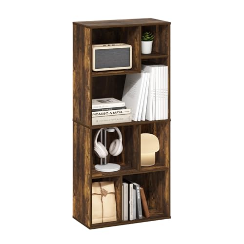 Furinno DALY Book Shelf, 7-Cube Bookshelf, Cube Storage Organizer Bookcase with Irregular Compartments, 9.4 x 18.9 x 42.1, for Living Room, Bedroom, Home Office, Amber Pine - color: Amber Pine, size: 7-Cube Irregular