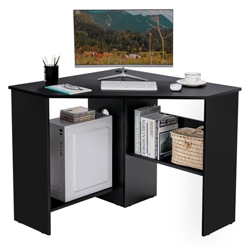 Small Corner Desk, Space-Saving Corner Workstation with Storage Shelves & CPU Stand, 90 Degree Triangle Makeup Vanity Desk, Wood Corner Computer Desk for Small Space (Black) - color: Black, size: 48” × 32” × 29”