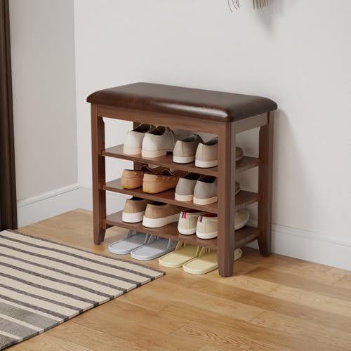 AQIMUELE Shoe Bench with Leather Cushion, 3 Tiers Shoe Storage Bench Height Adjustable, Walnut Wood Entryway Bench for Hallway, Mudroom - color: Walnut, size: 23.62"