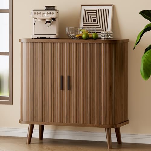 Sideboard Buffet Cabinet with Sliding Door, 31.5" Wide Fluted Modern Accent Storage Cabinet with Adjustable Shelves, Wood Coffee Bar Buffet Console Table for Kitchen, Dining Room, Living Room, Walnut - color: Walnut