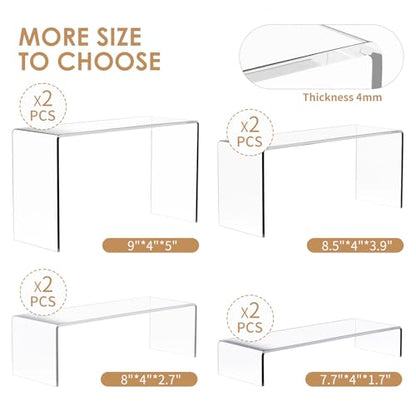 Anglelife 8 Pieces 2 Set (7”L~8”L~9”L) Large Display Risers, 4" Wide Clear Rectangular Stand Shelf for Showcase Collectibles, Acrylic Cake Shelves for Retail Desktop Jewelry Funko Pop Figures