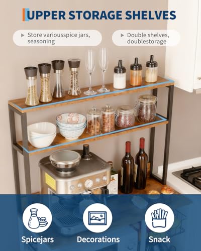 Garvee Kitchen Bakers Rack with Power Outlet, 35 * 60inch Microwave Oven Stand with Storage 4 Tiers, Coffee Bar Table with 5 S Hooks, Kitchen Storage Shelf Rack for Spices, Pots, Rustic Brown - size: 35*60