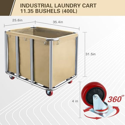 Commercial Laundry Cart with Wheels,400L Large Industrial Laundry Cart,Rolling Laundry Cart with Sturdy Stainless Steel Frame and Oxford Bag for Home Hotel Hospital 440 lbs (Beige) - color: Beige