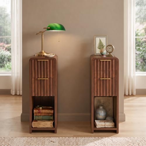 Fluted Narrow Nightstands Set of 2 with 2 Drawers and Open Shelf, Walnut Slim Bedside Tables with Gold Handles, Matching Side Tables for Bedroom - size: Set of 2