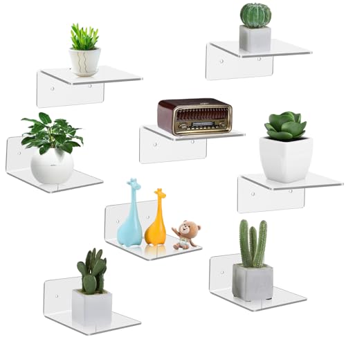 8 Pack Small Wall Shelf, 4'' Acrylic Shelves Display Ledges for Storage & Decoration, Small Floating Shelf for Wall with 2 Types of Installation (Adhesive or Screw) - color: Clear-8pack