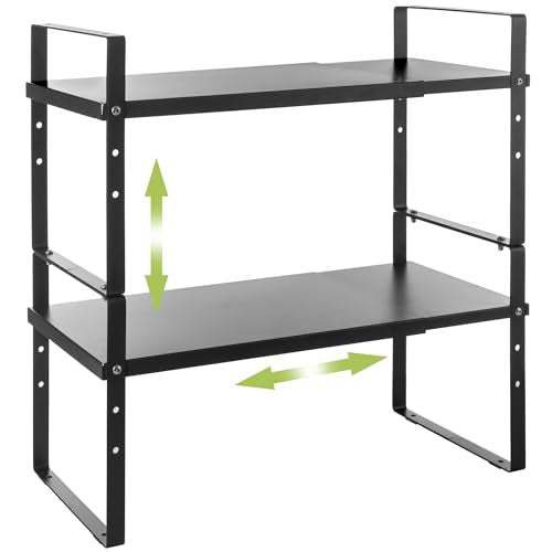 Across-Star Expandable Cabinet Shelf Organizer Rack, Stackable Kitchen Counter Storage Shelves Stand, Adjustable Height Pantry Shelf Spice Rack (Black, 2 Pack) - color: Black-2 Pack, size: 7.87''D*13-20''W*8.27''H