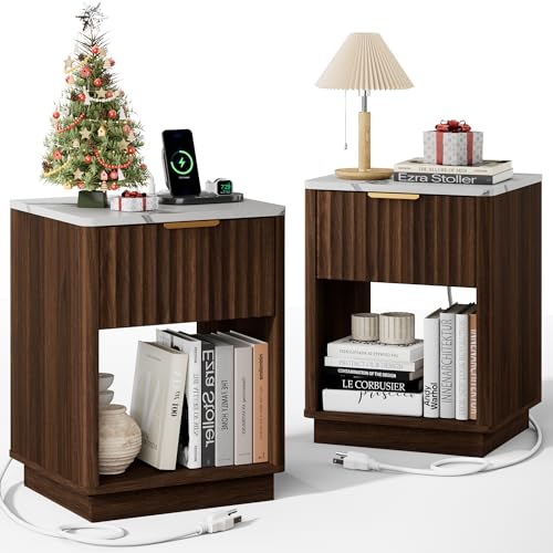 Fluted Nightstand, Night Stand Set 2, Walnut Nightstands Set of 2 with Charging Station and Faux Marble Top, Modern End Table with Drawer & Open Shelf, Bedside Table for Bedroom Living Room - color: Walnut + Faux Marble Top, size: 1 Drawer（18"W）